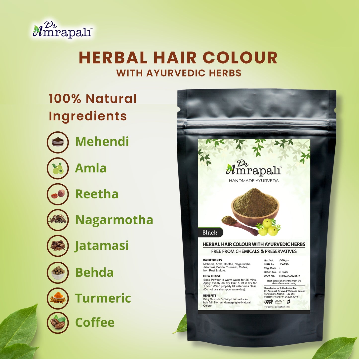 Dr. Amrapali Herbal Hair Colour Black – Henna based Ayurvedic Hair colour Powder (100gm)