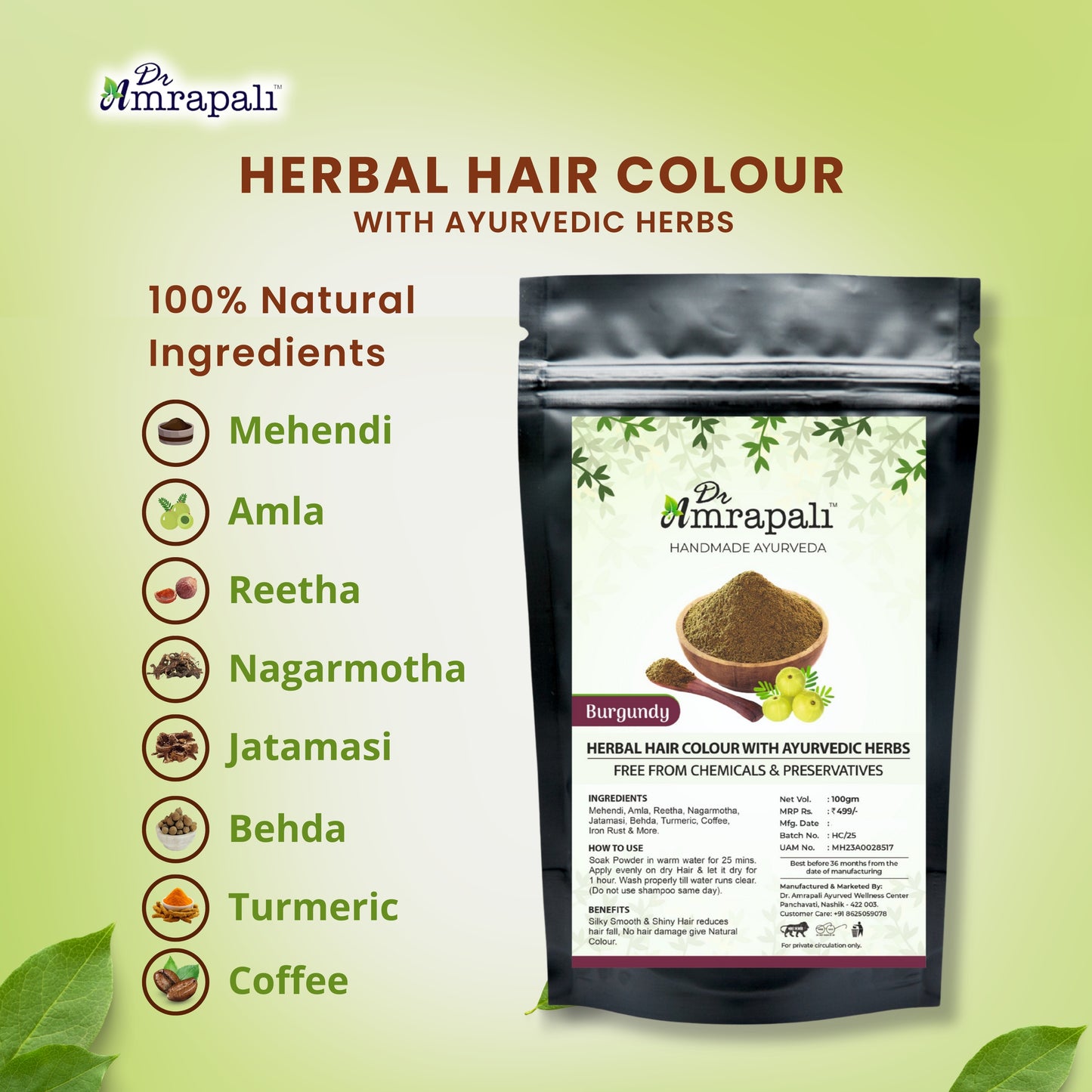 Dr. Amrapali Herbal Hair Colour Brown – Henna based Ayurvedic Hair colour Powder (100gm)