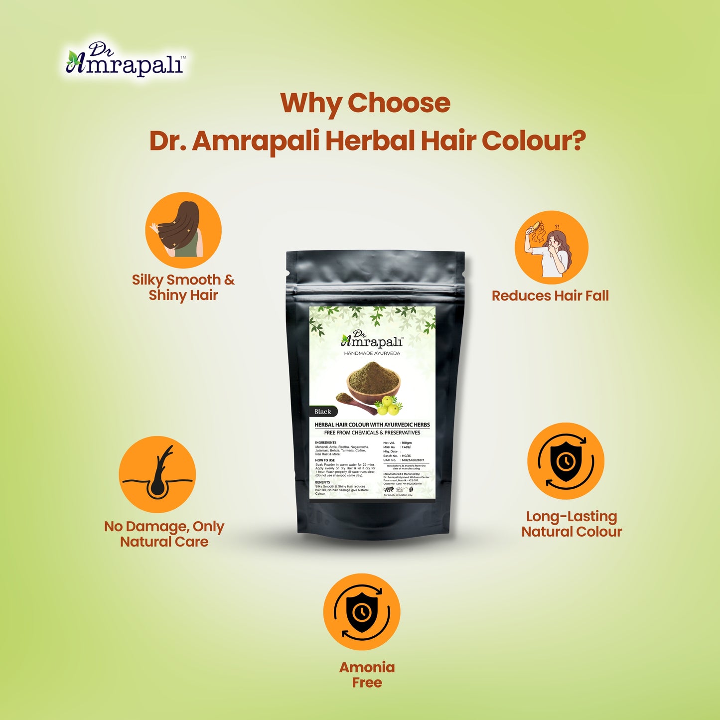 Dr. Amrapali Herbal Hair Colour Black – Henna based Ayurvedic Hair colour Powder (100gm)