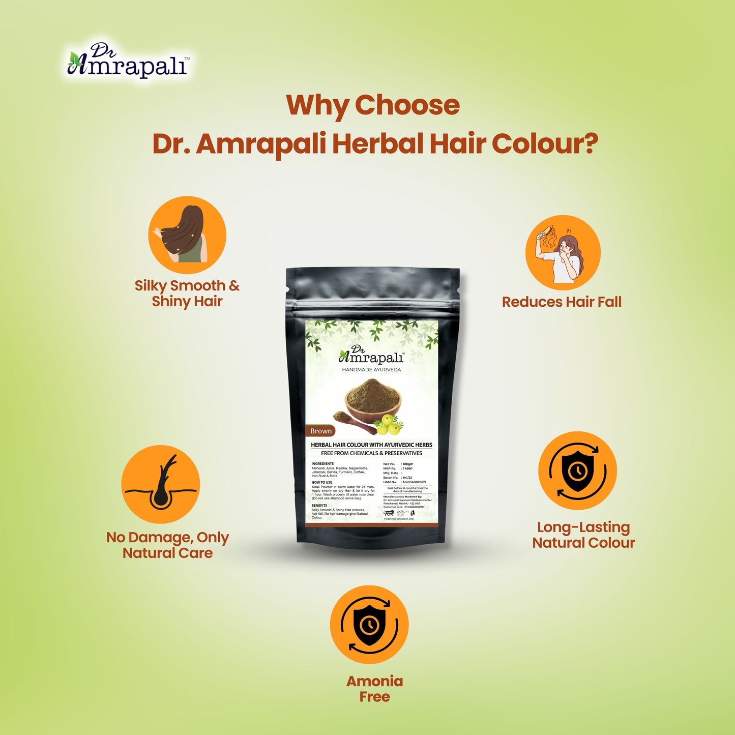Dr. Amrapali Herbal Hair Colour Brown – Henna based Ayurvedic Hair colour Powder (100gm)