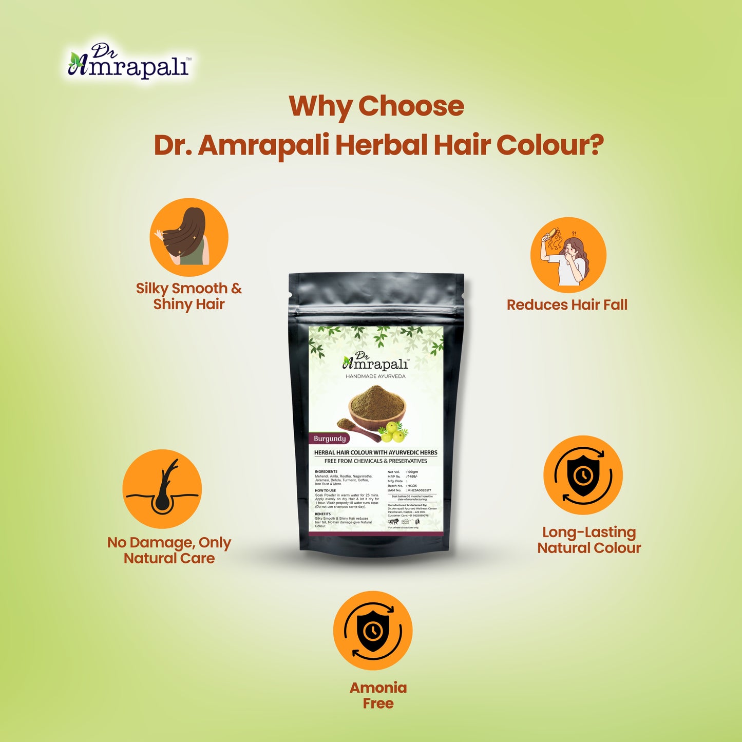 Dr. Amrapali Herbal Hair Colour Brown – Henna based Ayurvedic Hair colour Powder (100gm)