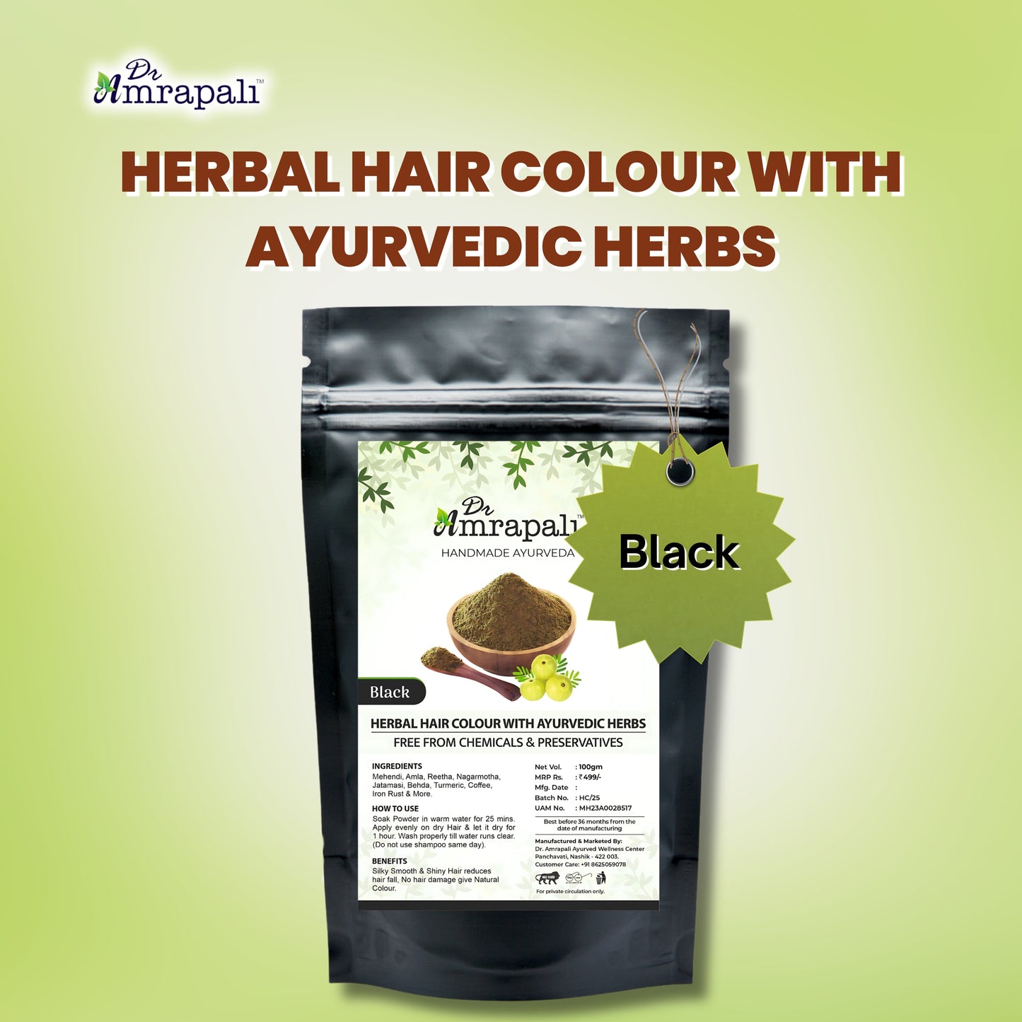 Dr. Amrapali Herbal Hair Colour Black – Henna based Ayurvedic Hair colour Powder (100gm)